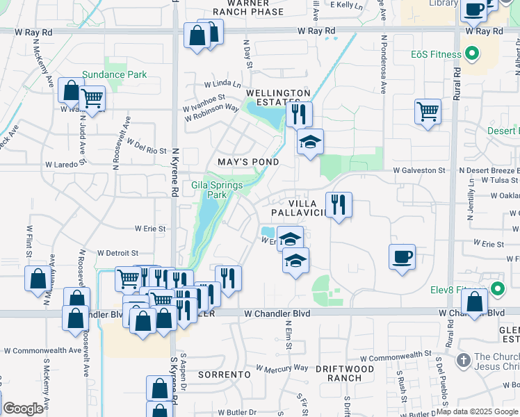 map of restaurants, bars, coffee shops, grocery stores, and more near 5665 West Galveston Street in Chandler