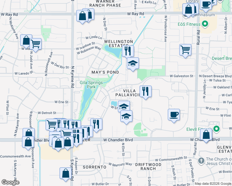 map of restaurants, bars, coffee shops, grocery stores, and more near 5665 West Galveston Street in Chandler