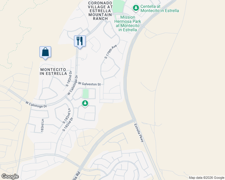 map of restaurants, bars, coffee shops, grocery stores, and more near 17865 West Thistle Landing Drive in Goodyear