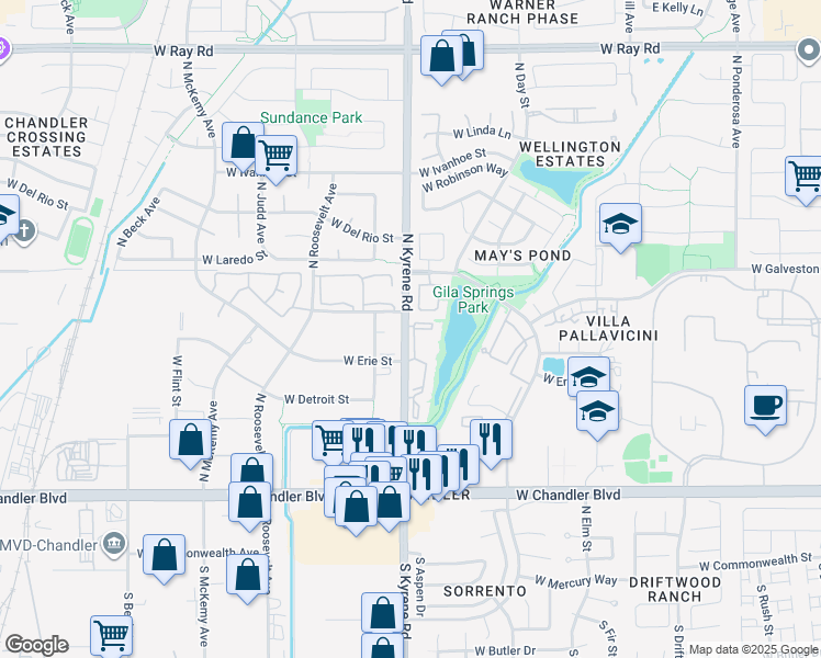 map of restaurants, bars, coffee shops, grocery stores, and more near 411 Village of Gila Springs Apartment in Chandler
