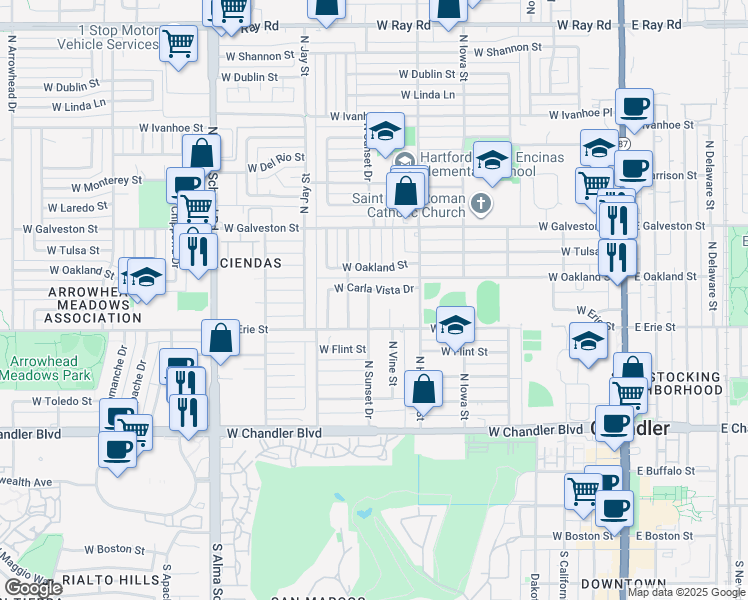 map of restaurants, bars, coffee shops, grocery stores, and more near 490 North Vine Street in Chandler