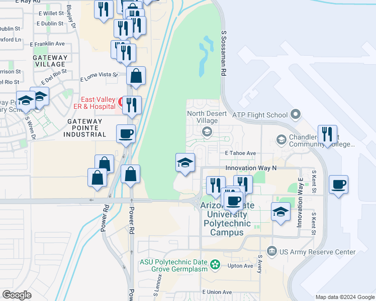 map of restaurants, bars, coffee shops, grocery stores, and more near Williams Air Force Base in Mesa