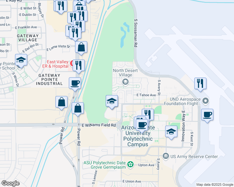 map of restaurants, bars, coffee shops, grocery stores, and more near Williams Air Force Base in Mesa