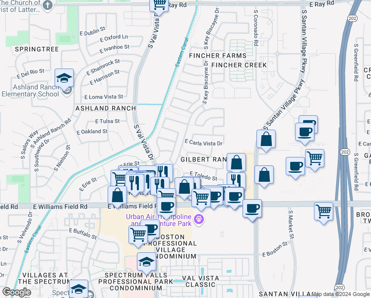 map of restaurants, bars, coffee shops, grocery stores, and more near 1726 East Tyson Street in Gilbert