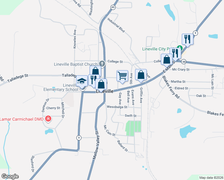 map of restaurants, bars, coffee shops, grocery stores, and more near 88861 Alabama 9 in Lineville