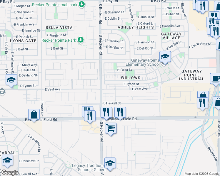 map of restaurants, bars, coffee shops, grocery stores, and more near 2216 South Swallow Lane in Gilbert
