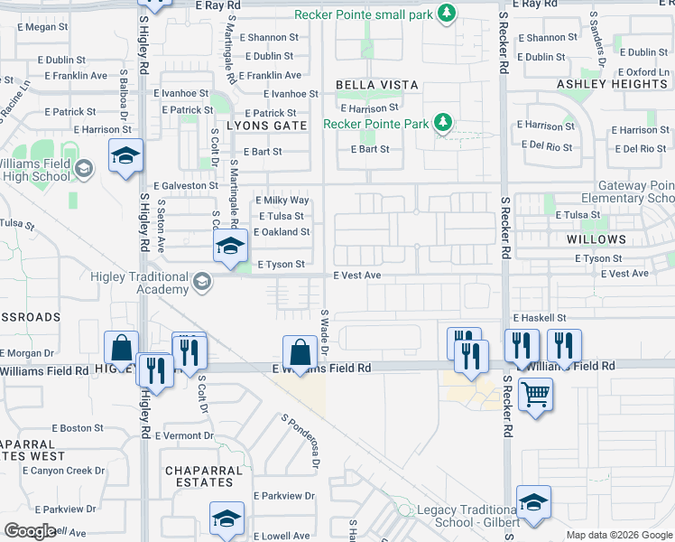 map of restaurants, bars, coffee shops, grocery stores, and more near 2223 South Ponderosa Drive in Gilbert