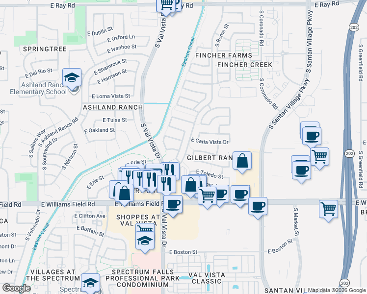 map of restaurants, bars, coffee shops, grocery stores, and more near 1665 East Tyson Street in Gilbert