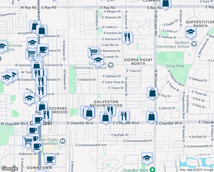map of restaurants, bars, coffee shops, grocery stores, and more near 681 East Tyson Street in Chandler
