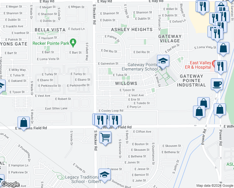 map of restaurants, bars, coffee shops, grocery stores, and more near 4138 East Vest Avenue in Gilbert