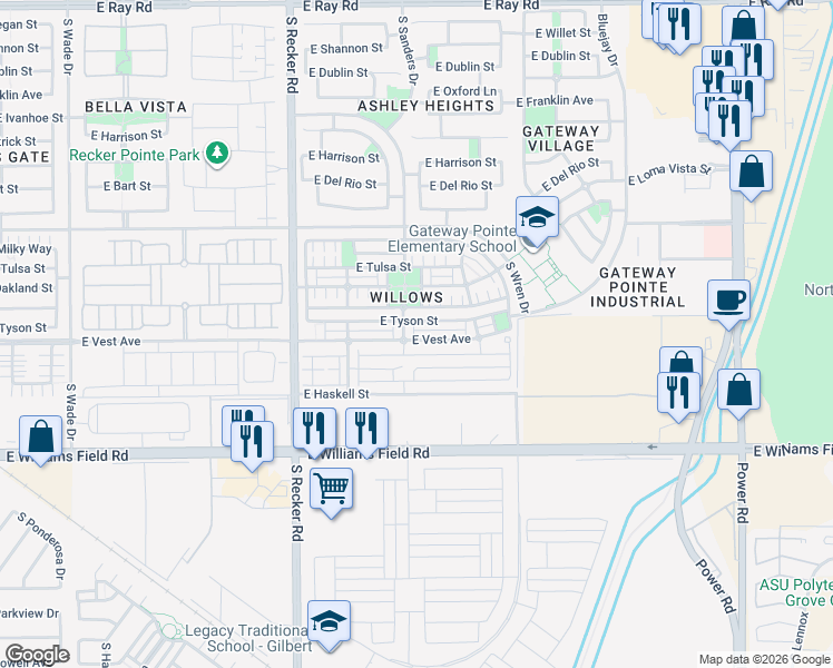 map of restaurants, bars, coffee shops, grocery stores, and more near 4223 East Vest Avenue in Gilbert