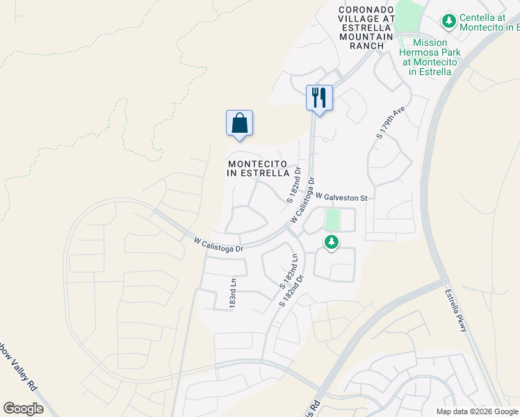 map of restaurants, bars, coffee shops, grocery stores, and more near 18291 West Indigo Brush Road in Goodyear