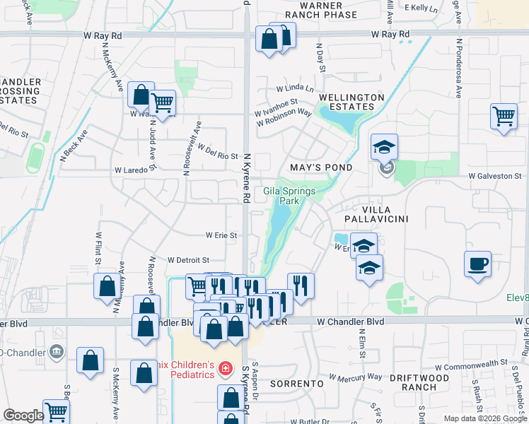 map of restaurants, bars, coffee shops, grocery stores, and more near 411 North Kyrene Road in Chandler