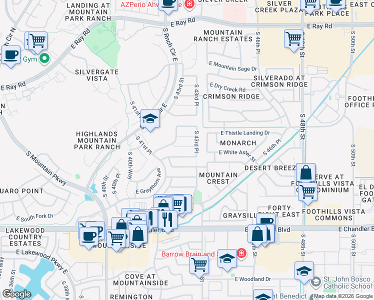 map of restaurants, bars, coffee shops, grocery stores, and more near 4308 East White Aster Street in Phoenix