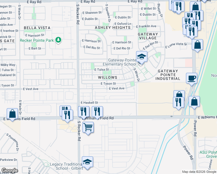 map of restaurants, bars, coffee shops, grocery stores, and more near 4223 East Vest Avenue in Gilbert