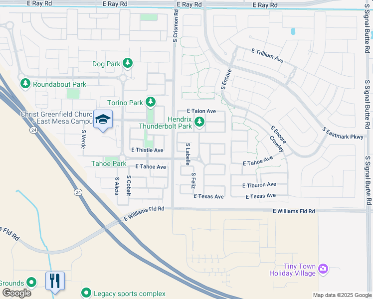 map of restaurants, bars, coffee shops, grocery stores, and more near 10033 East Thistle Avenue in Mesa