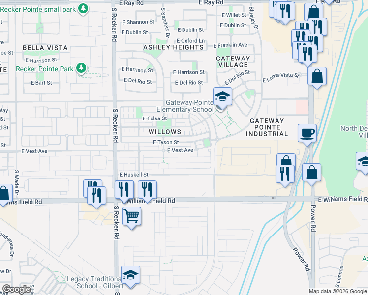 map of restaurants, bars, coffee shops, grocery stores, and more near 4292 East Erie Street in Gilbert