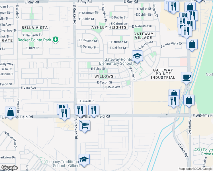 map of restaurants, bars, coffee shops, grocery stores, and more near 4223 East Vest Avenue in Gilbert