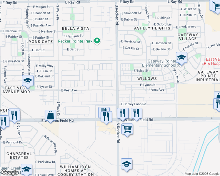 map of restaurants, bars, coffee shops, grocery stores, and more near 3939 East Vest Avenue in Gilbert