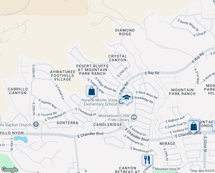 map of restaurants, bars, coffee shops, grocery stores, and more near 2529 East Indigo Brush Road in Phoenix