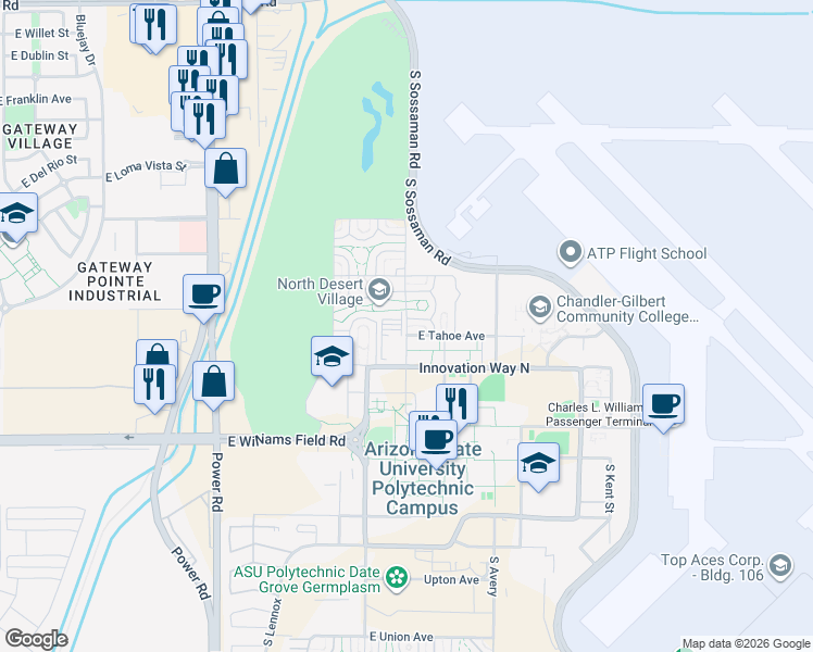 map of restaurants, bars, coffee shops, grocery stores, and more near South Sterling Avenue in Mesa