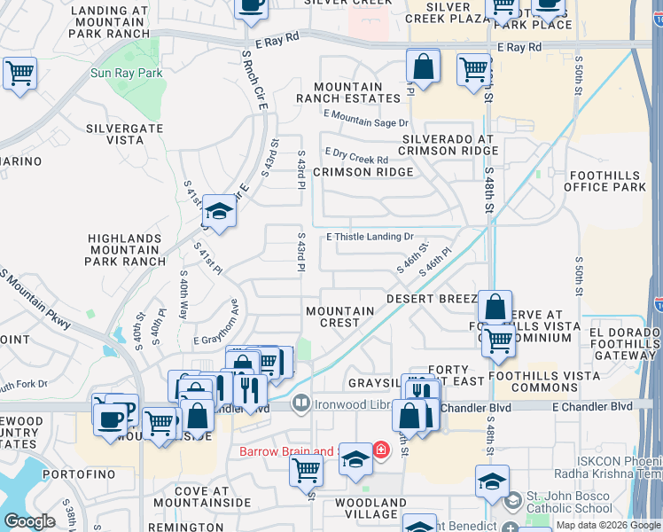 map of restaurants, bars, coffee shops, grocery stores, and more near 4413 East White Aster Street in Phoenix