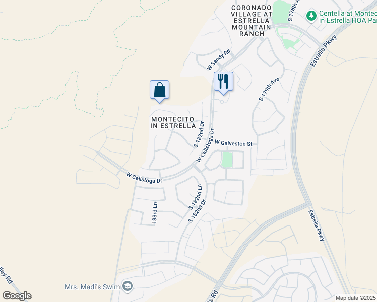 map of restaurants, bars, coffee shops, grocery stores, and more near 18250 West Indigo Brush Road in Goodyear
