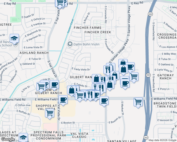 map of restaurants, bars, coffee shops, grocery stores, and more near 2204 South Peppertree Drive in Gilbert