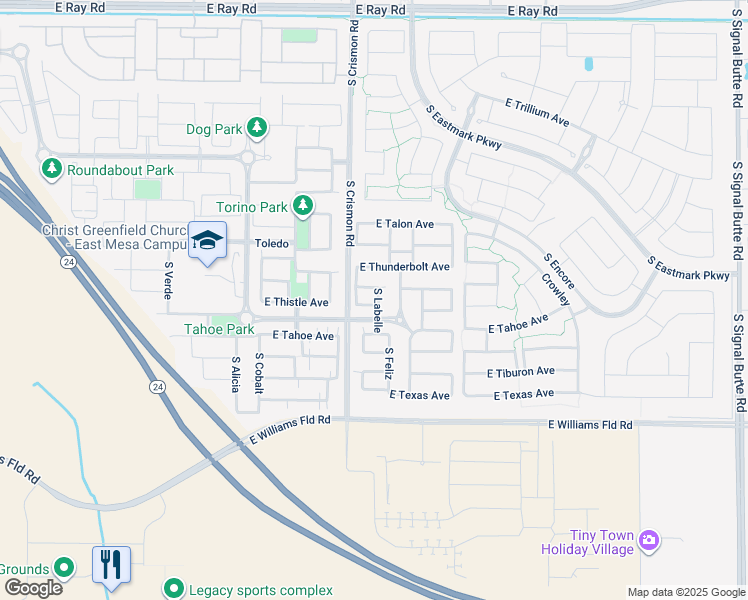 map of restaurants, bars, coffee shops, grocery stores, and more near 10040 East Thistle Avenue in Mesa