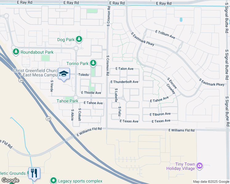 map of restaurants, bars, coffee shops, grocery stores, and more near 10040 East Thistle Avenue in Mesa