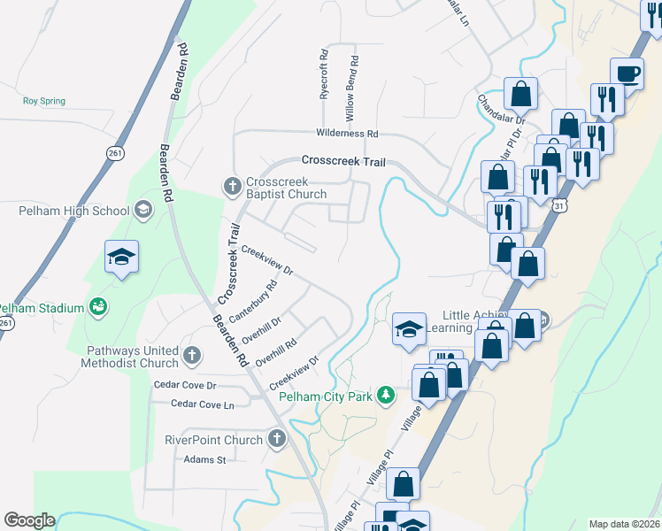 map of restaurants, bars, coffee shops, grocery stores, and more near 645 Creekview Drive in Pelham
