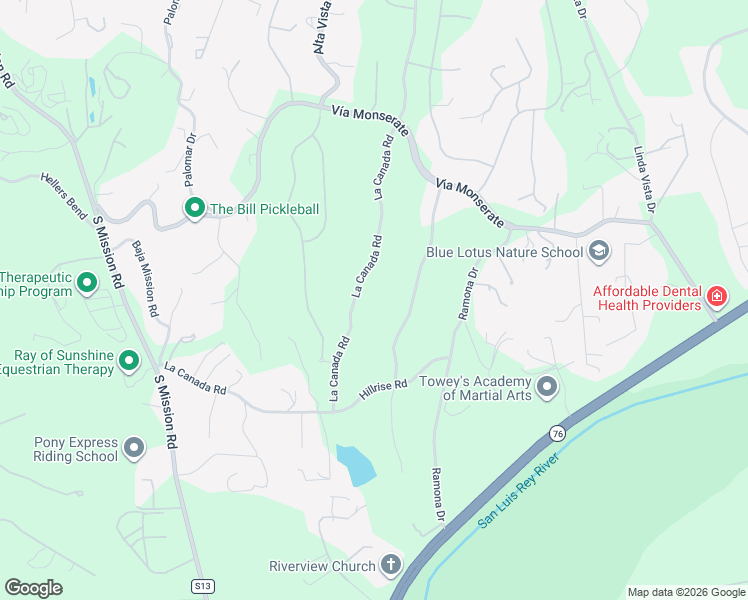 map of restaurants, bars, coffee shops, grocery stores, and more near 4316 La Canada Road in Fallbrook