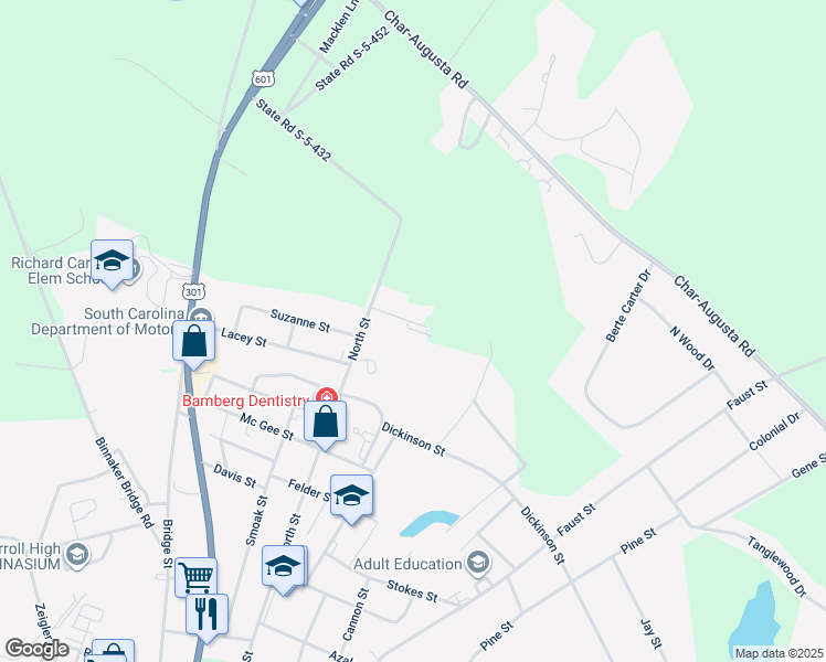 map of restaurants, bars, coffee shops, grocery stores, and more near 120 Creekside Drive in Bamberg