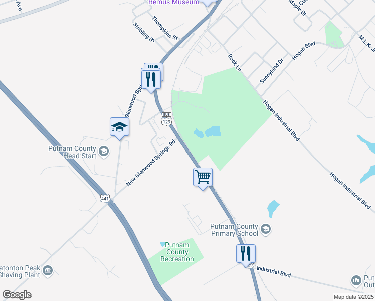map of restaurants, bars, coffee shops, grocery stores, and more near Oak Street in Eatonton