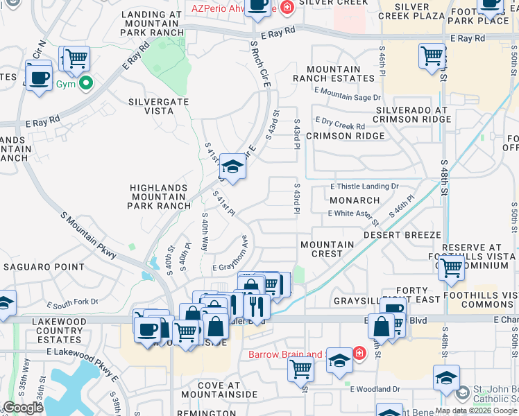 map of restaurants, bars, coffee shops, grocery stores, and more near 4214 East White Aster Street in Phoenix