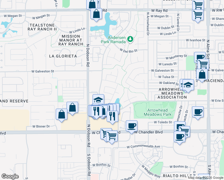 map of restaurants, bars, coffee shops, grocery stores, and more near 1732 West Carla Vista Drive in Chandler