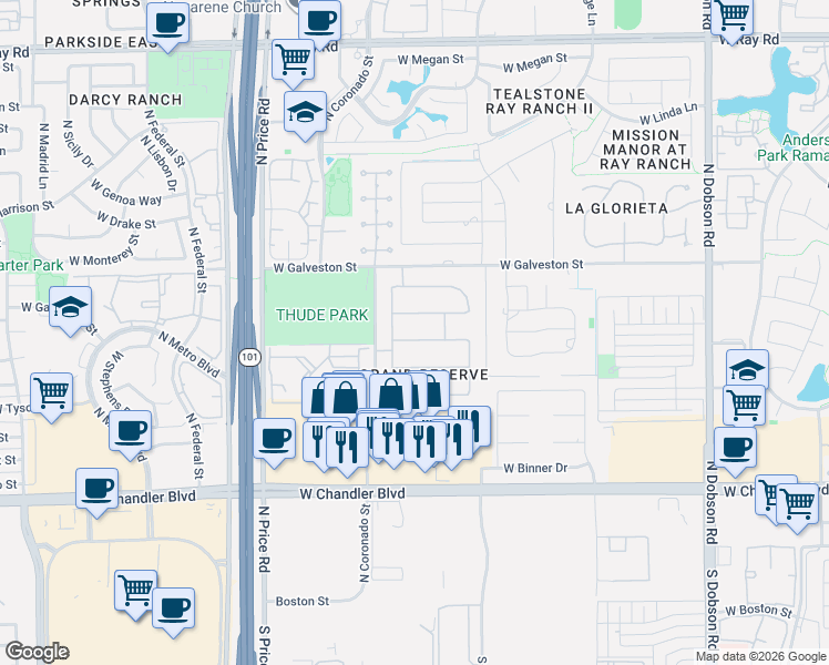 map of restaurants, bars, coffee shops, grocery stores, and more near 2703 West Carla Vista Drive in Chandler