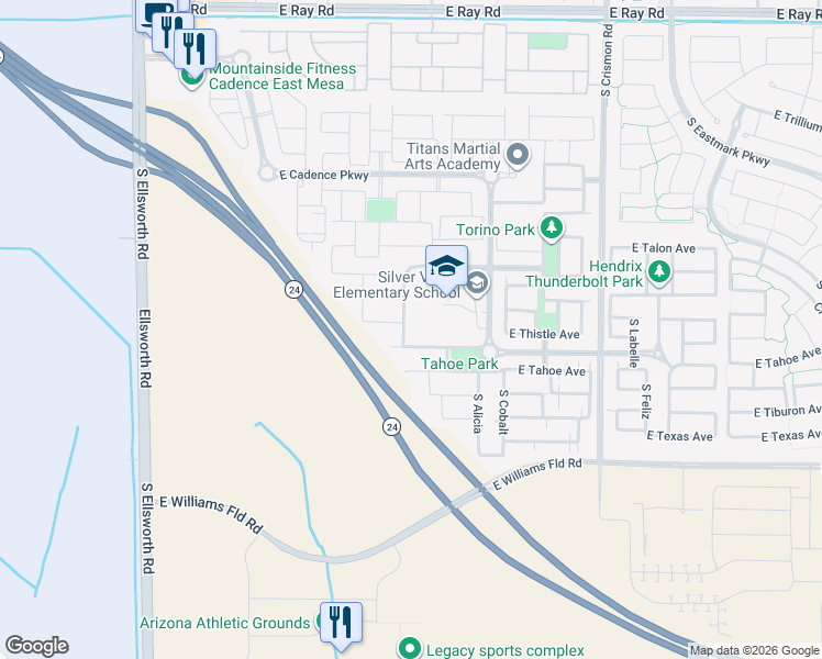 map of restaurants, bars, coffee shops, grocery stores, and more near 9636 East Twinkle Circle in Mesa