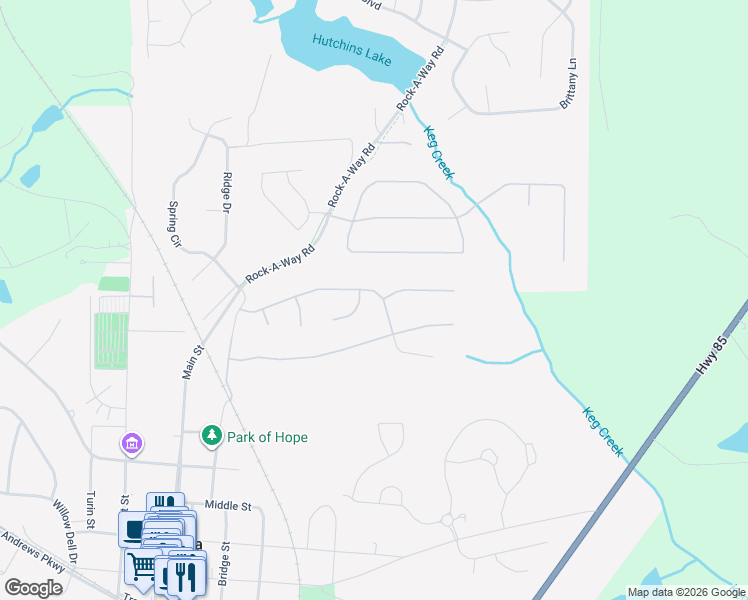 map of restaurants, bars, coffee shops, grocery stores, and more near 322 Asbury Court in Senoia