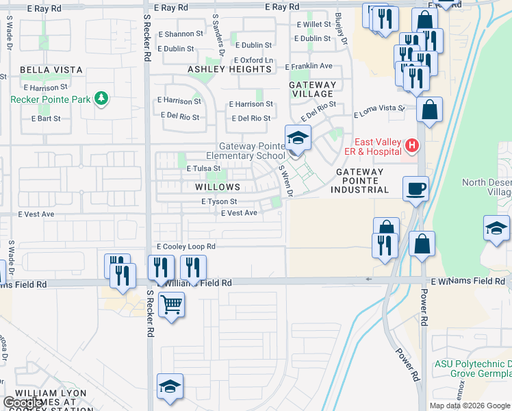 map of restaurants, bars, coffee shops, grocery stores, and more near 2178 South Heron Lane in Gilbert