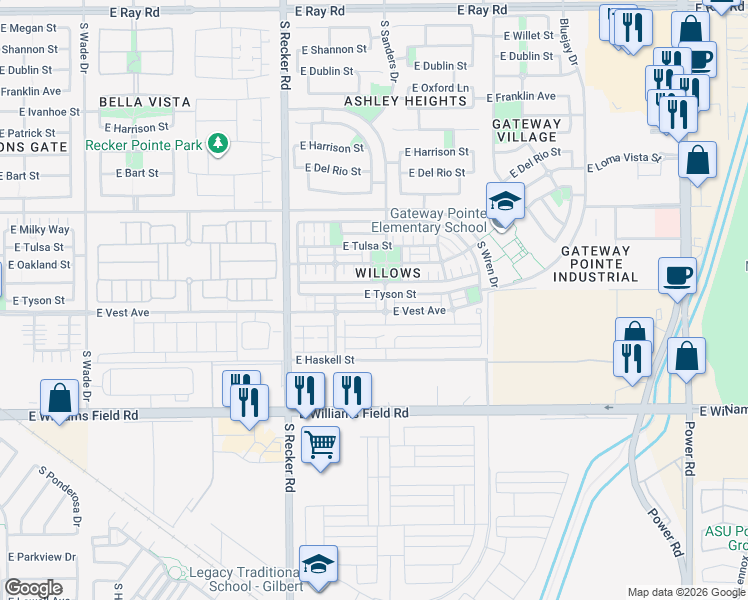 map of restaurants, bars, coffee shops, grocery stores, and more near 4151 East Vest Avenue in Gilbert
