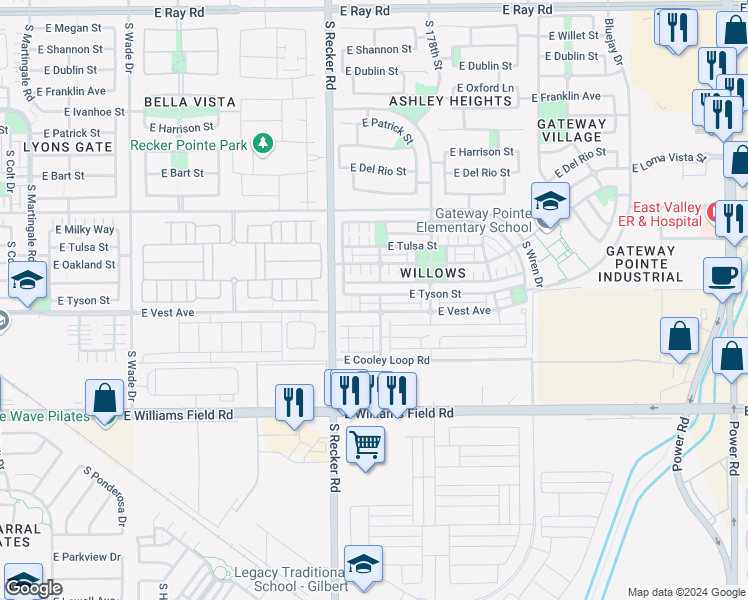 map of restaurants, bars, coffee shops, grocery stores, and more near 2216 South Swallow Lane in Gilbert