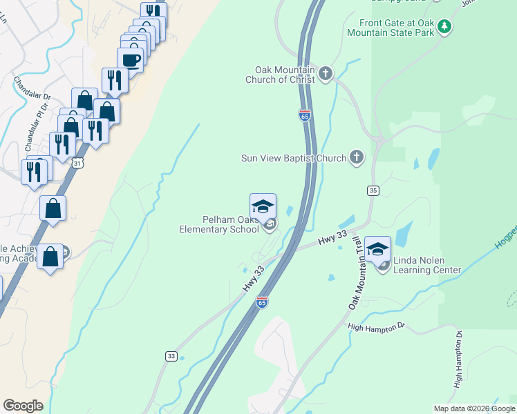 map of restaurants, bars, coffee shops, grocery stores, and more near 2200 County Road 33 in Pelham