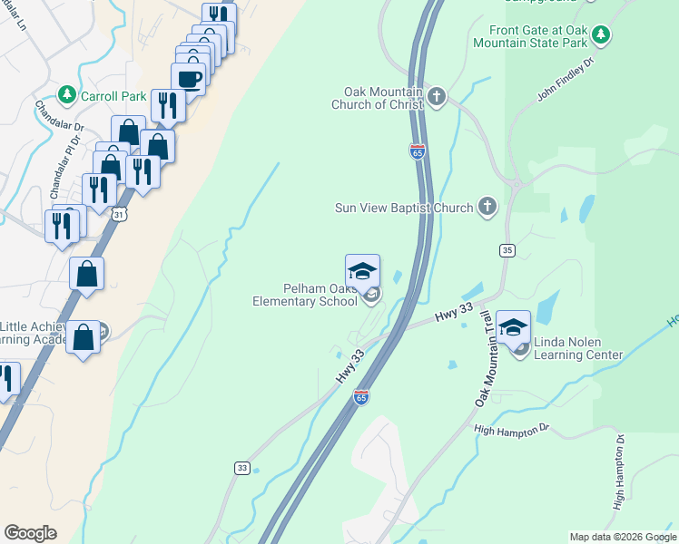 map of restaurants, bars, coffee shops, grocery stores, and more near 2200 County Road 33 in Pelham