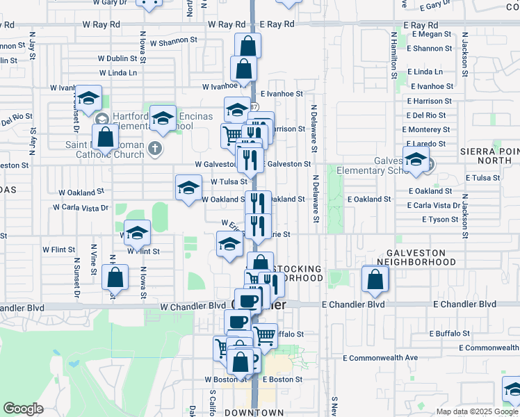 map of restaurants, bars, coffee shops, grocery stores, and more near in Chandler