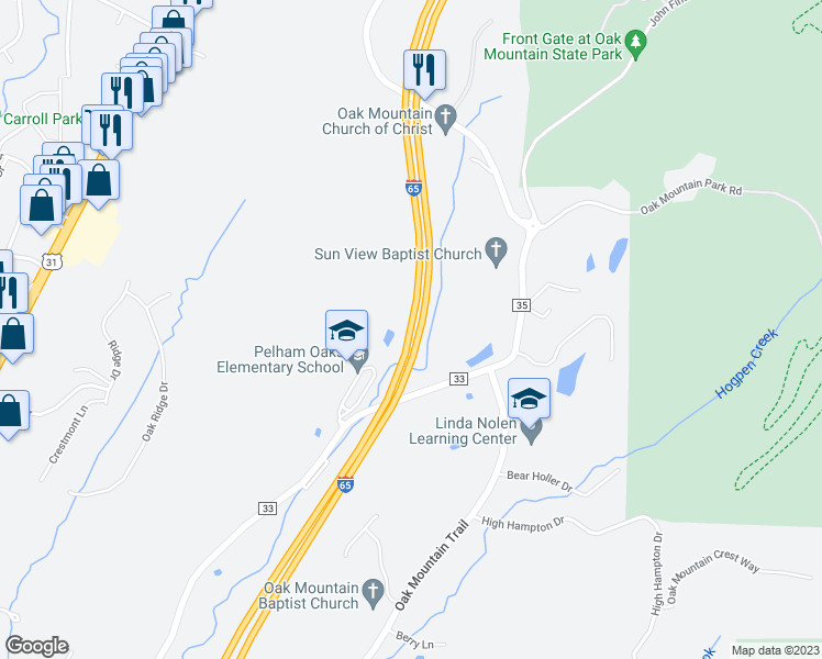 map of restaurants, bars, coffee shops, grocery stores, and more near Interstate 65 in Pelham