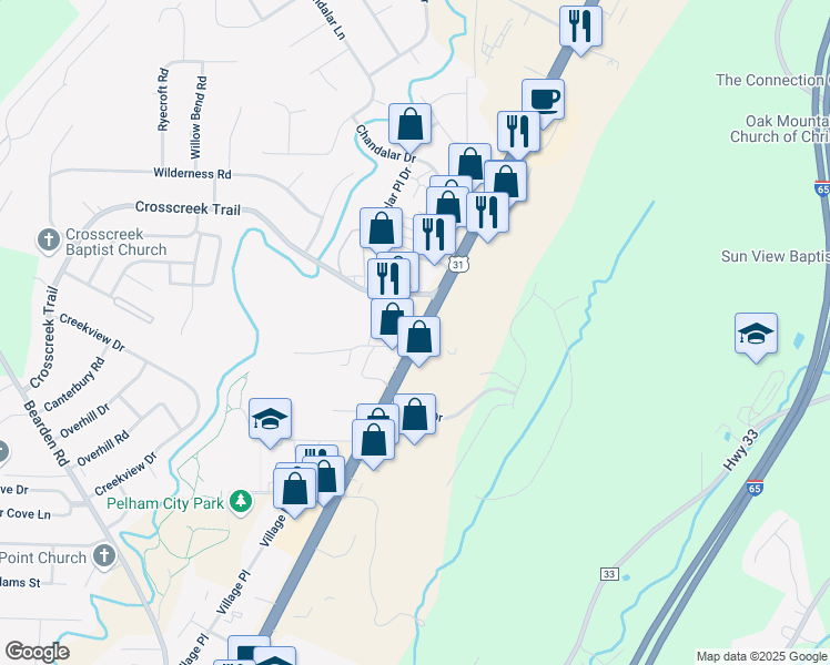 map of restaurants, bars, coffee shops, grocery stores, and more near 1 Welborn Street in Pelham