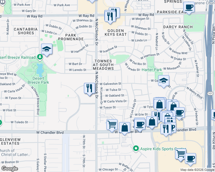 map of restaurants, bars, coffee shops, grocery stores, and more near 3651 West Tulsa Street in Chandler