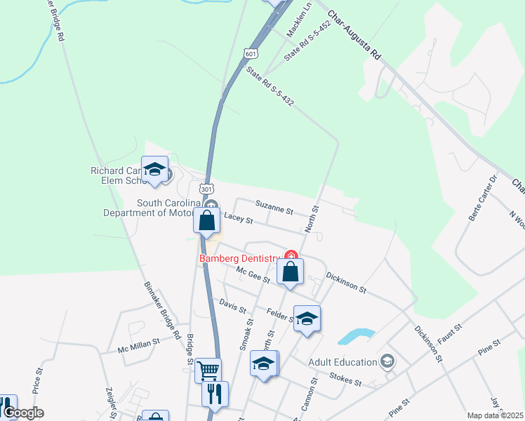 map of restaurants, bars, coffee shops, grocery stores, and more near 209 Lacey Street in Bamberg