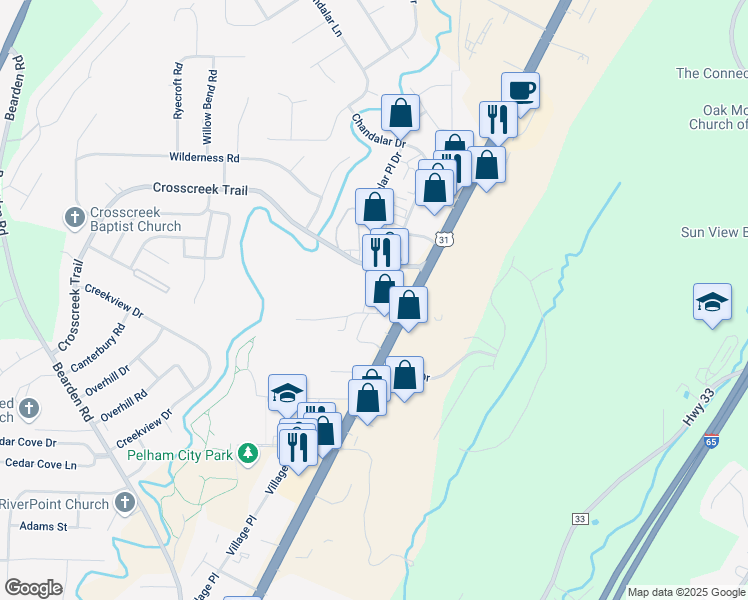 map of restaurants, bars, coffee shops, grocery stores, and more near 1-99 Welborn St in Pelham
